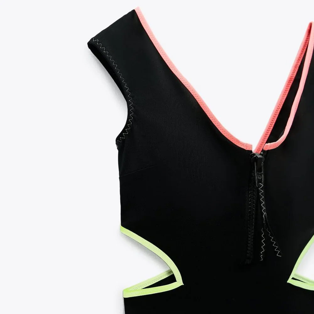 Zara Cut Out Neon Trim Detail One Piece